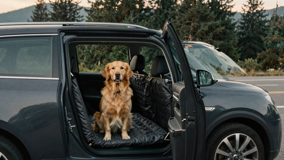 Dog in a lined car boot on a mountain road at sunrise