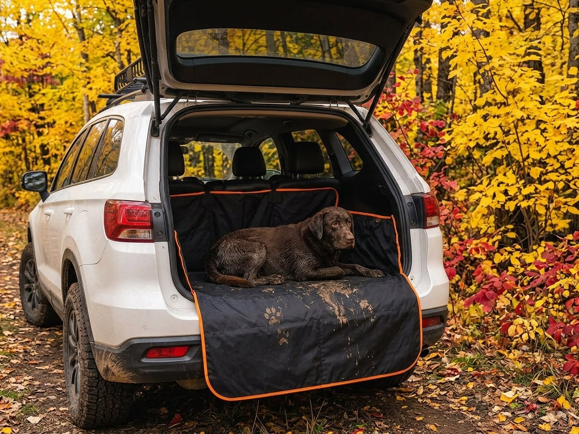 Labrador resting on the boot liner in an open tailgate, autumn woodland behind